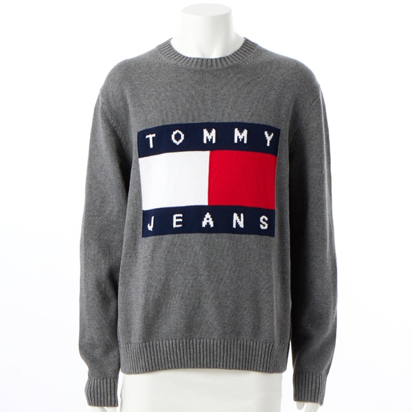 【トミーヒルフィガー】人気シャギーニット×ロゴ総柄 長袖ゴルフニットセーターXL TOMMY HILFIGER セーター ニット コットンシルクブレンドクルー