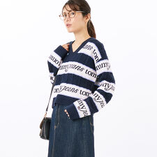 ストライプロゴVネックセーター