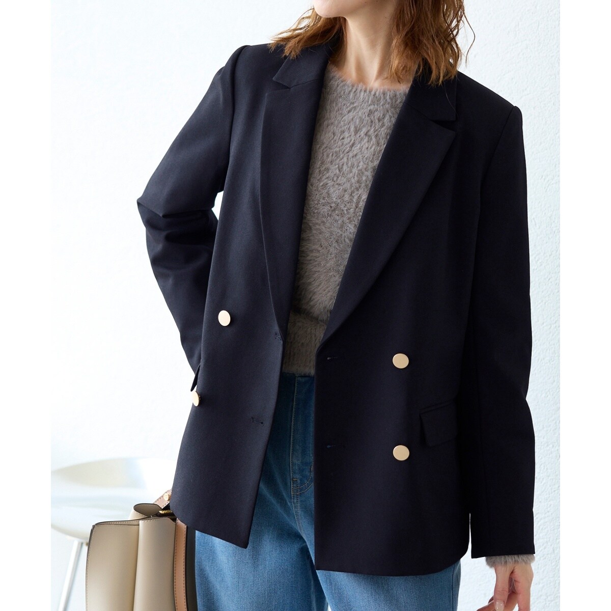 ウールライクサージ金ボタンジャケット(肩パットあり・総裏地