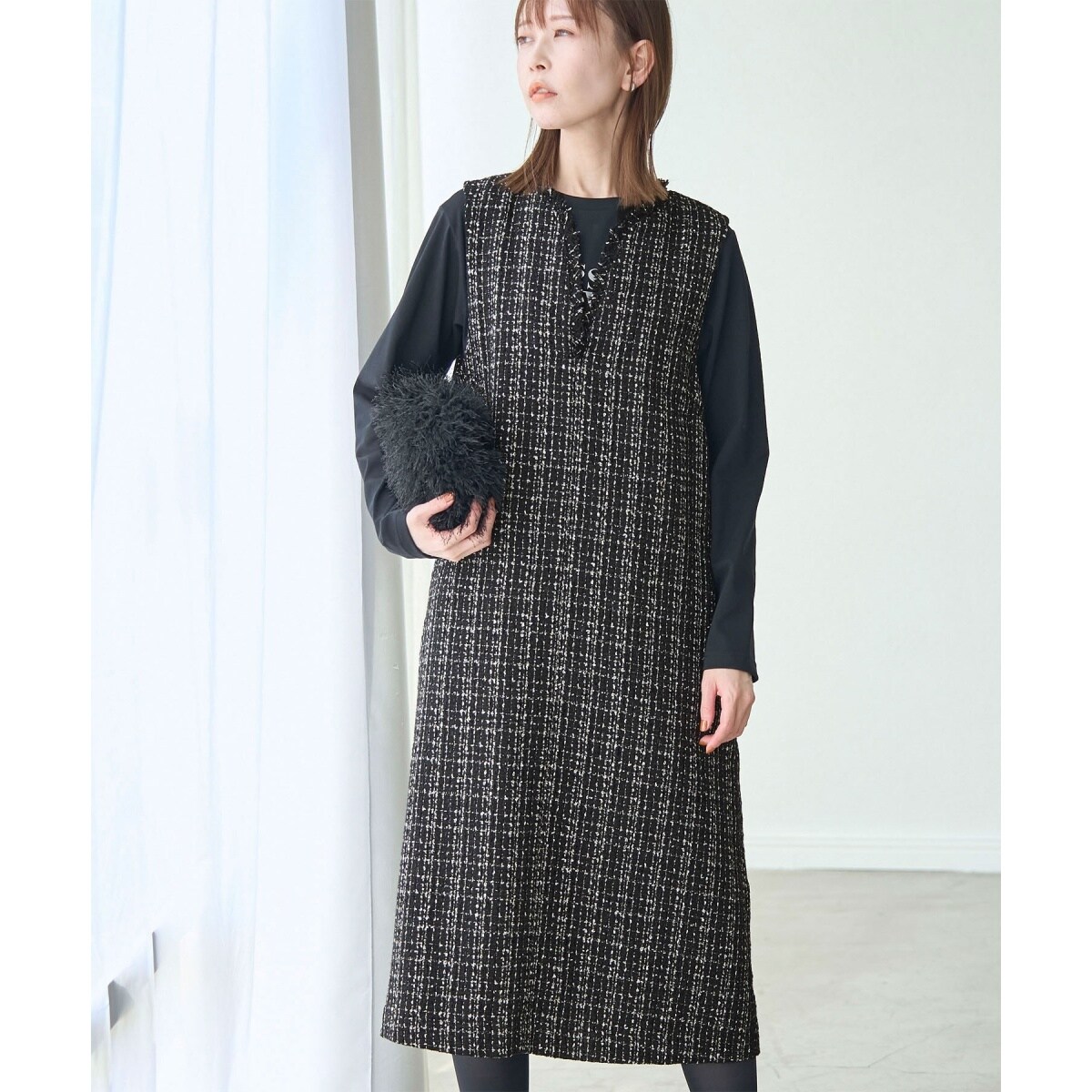 Mystrada✨ラメ入りツイードジャンパースカート　ブラック 着丈が選べるラメツイードジャンパースカート | ロペピクニック