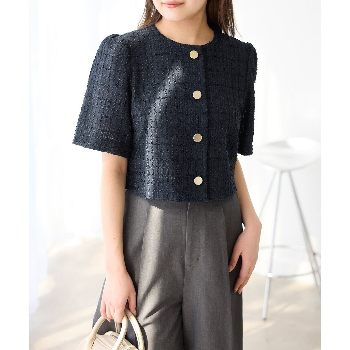 ANPAS ノーカラージャケット ツイード ネイビー 青 L 金ボタン 短丈 セール】Tweed Gold Button Collarless Short Jacket/ツイード