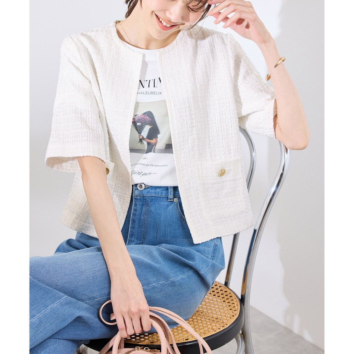 ROPE PICNIC ツイード風ジャケット 38 ROPE' PICNIC ジャケット ノーカラージャケット 「サマー