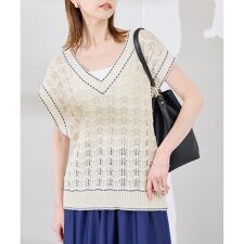配色ステッチ透かし編みニットベスト