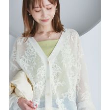 透かし編み花柄Vネックカーディガン