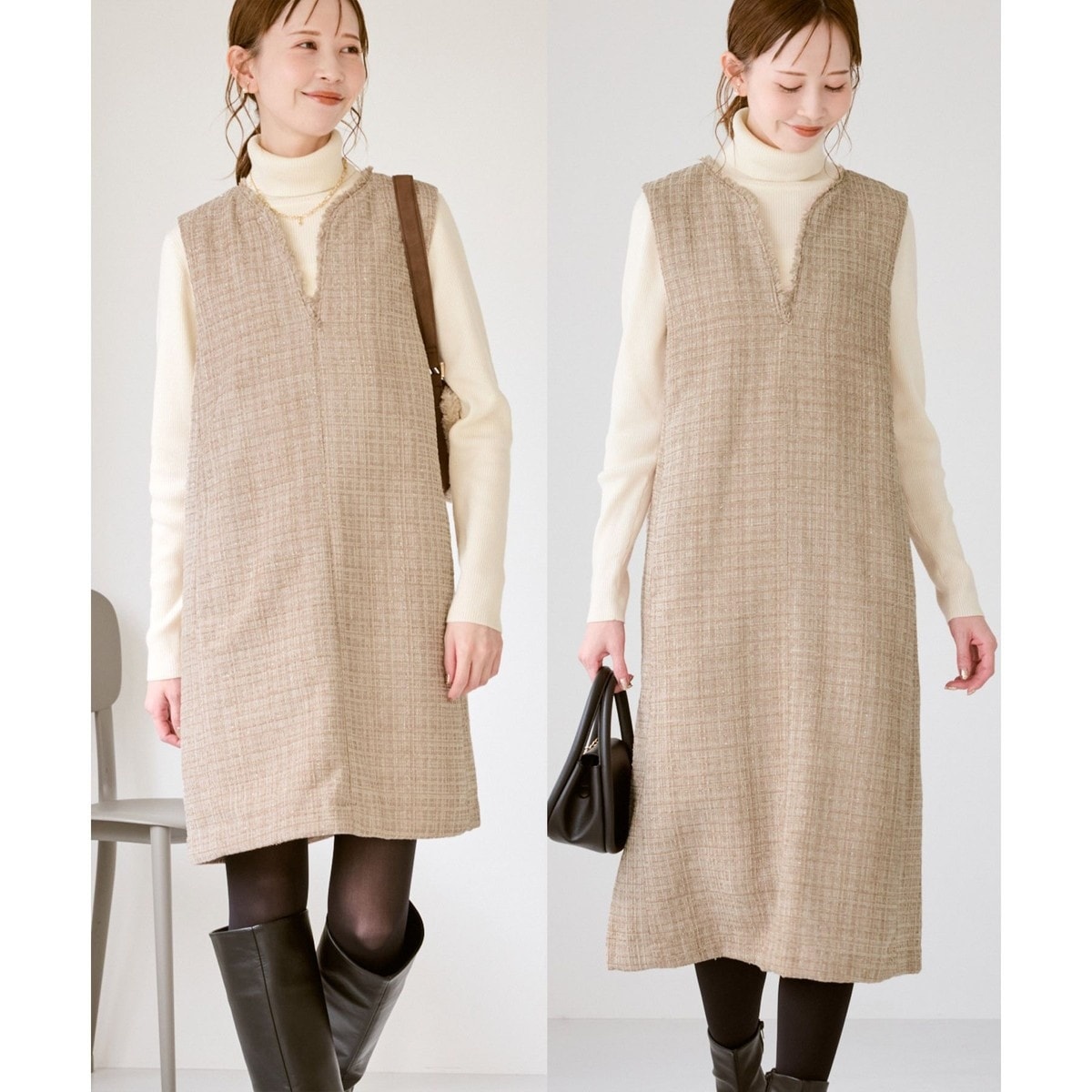 キーネックツイードジャンパースカート ワンピース/着丈が選べる