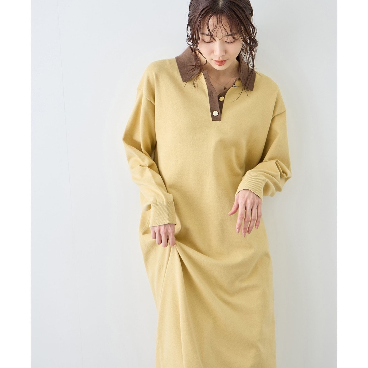 rienda スキッパーニットワンピース イエロー 配色スキッパーニットワンピース | ロペピクニック(ROPE' PICNIC