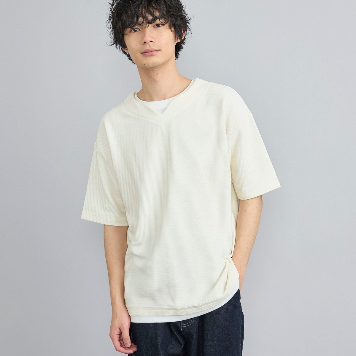 リップルフェイクレイヤードヘンリーネックTシャツ