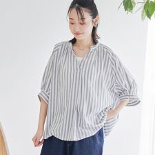 【接触冷感】リラクシーストライプスキッパーブラウス