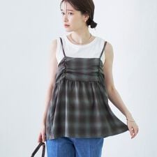 コーエン(coen)のシアーオンブレチェックギャザーキャミソール