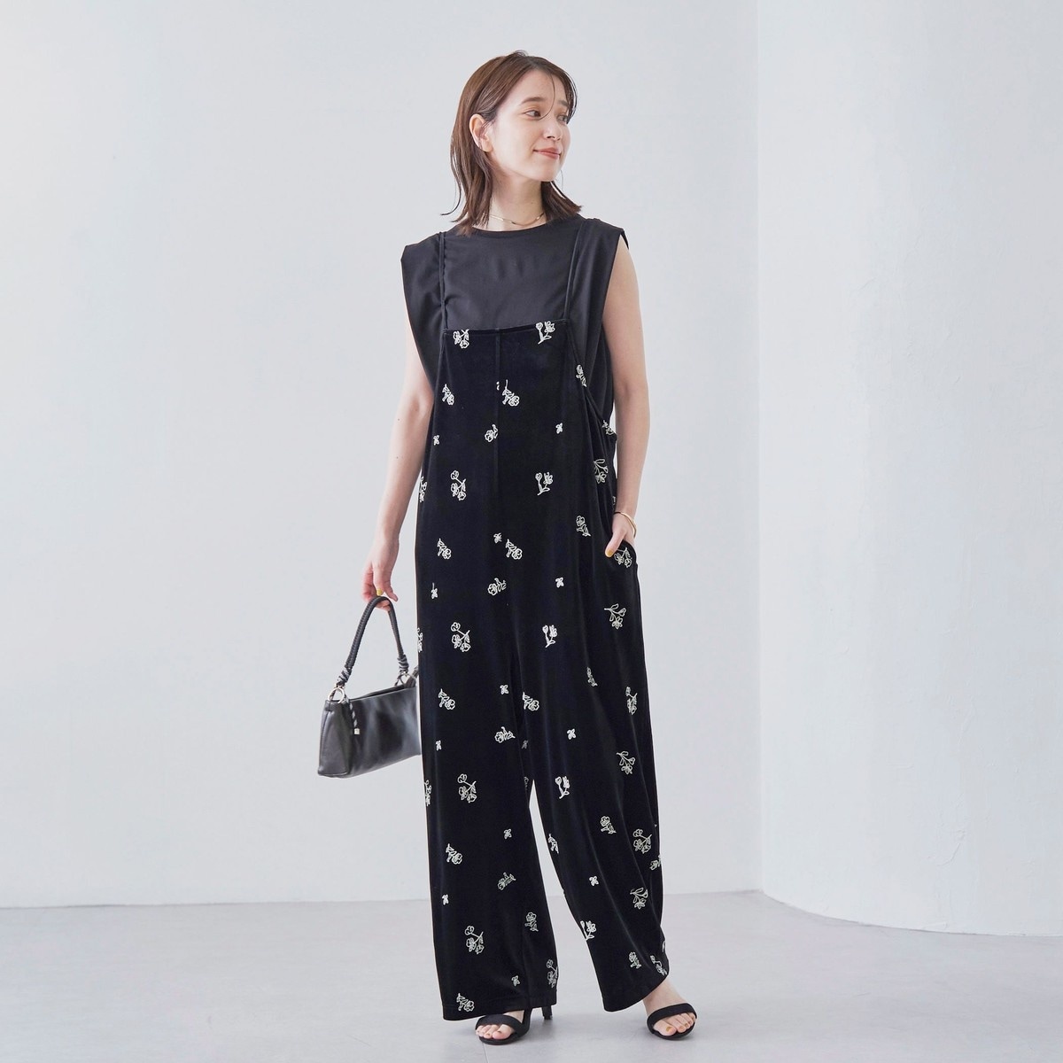 ラフロー オールインワン サロペット 黒 ブラック レディースsize1【M】 レディース オールインワン・サロペット (黒色・ブラック系) の
