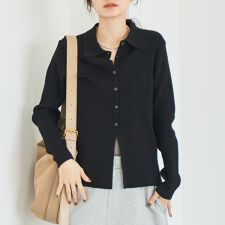 ウール混 襟付きリブニットカーディガン