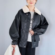 ボア襟付きレザーライクヴィンテージブルゾン