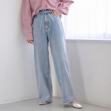 ウエストリボン ワイドストレートデニムパンツ