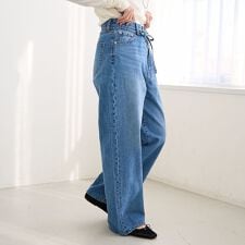 ウエストリボン ワイドストレートデニムパンツ