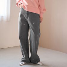 花柄刺繍 ワイドストレートデニムパンツ