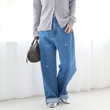 花柄刺繍 ワイドストレートデニムパンツ