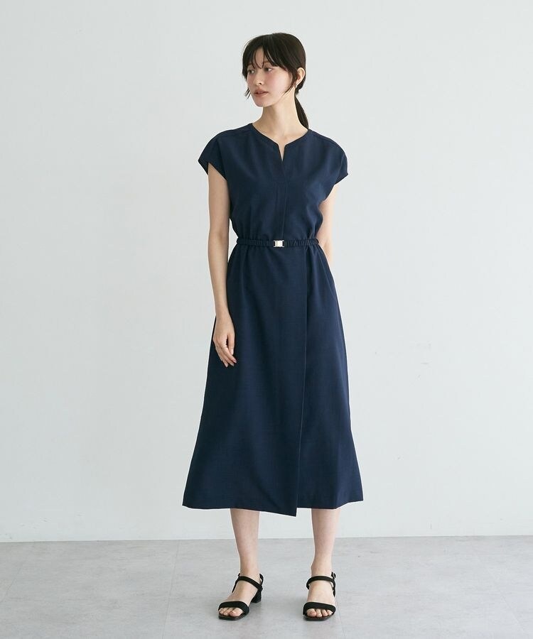 YLEVE イレーヴ スキッパーネック コットンワンピース ネイビー 日本製 リネンライクスキッパーワンピース | イェッカ ヴェッカ(YECCA VECCA