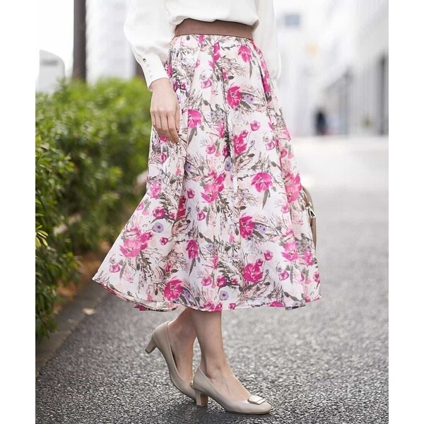 洗濯機で洗える】フラワープリントタックフレアスカート | オフオン