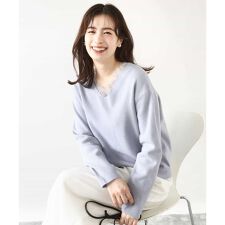 オフオン(OFUON)のVネックレース片畦編みニット/洗える/WEB限定サイズあり