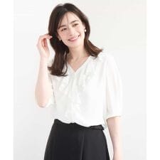 【5分袖】ジョーゼットVネックフリルブラウス/洗える/WEB限定サイズあり