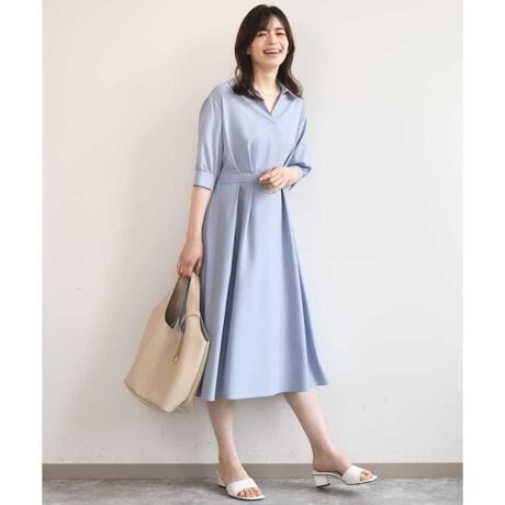 オフオン　六分袖スキッパーワンピース/UVカット/洗濯機で洗える/WEB限定サイズあり