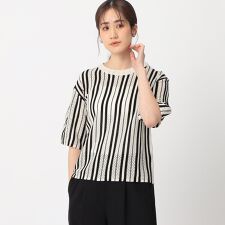 モノトーンストライプ 透かし編み 半袖ニット