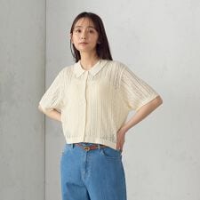 【ウォッシャブル】透かし柄半袖ニットシャツ