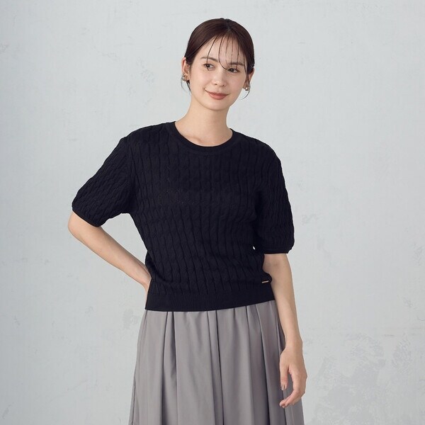プランテーション 25SS ペーパーニット 五分袖 M ブラック NEW Vネック5分袖シャリニットプルオーバー | Chez toi(シェトワ