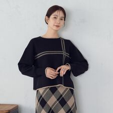 チェック柄　袖口スリットニットプルオーバー / セットアップ対応