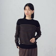 【ウォッシャブル】ベーシック　ボーダー袖ボタンニット