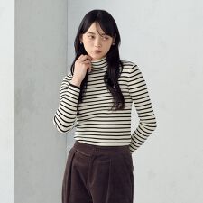 【ウォッシャブル】ベーシック ボーダー ハイネックニット