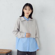 【ウォッシャブル】ワンポイント 刺繍 ハーフジップニット