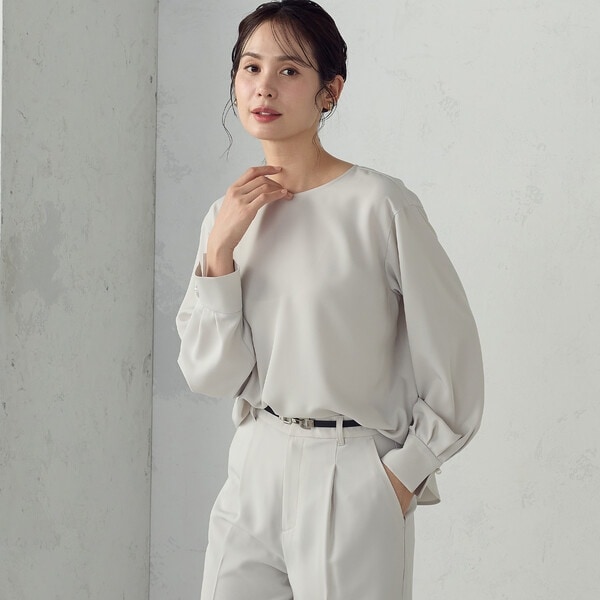 【宮城舞さん着用】【セットアップ対応】ポリエステルツイル パールボタンブラウス
