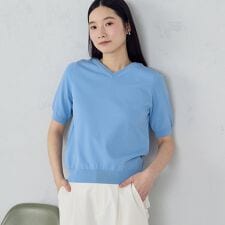 【ウォッシャブル・UVカット】ベーシック 2WAYネック5分袖ニット