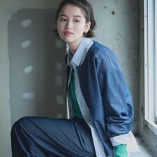 デニムライク ノーカラーブルゾン/セットアップ対応