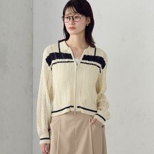 【ウォッシャブル】配色ライン 襟つきジップカーディガン