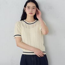 【ウォッシャブル】配色ライン クルーネックニット