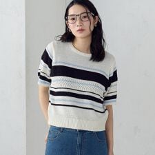 マルチボーダー 地柄五分袖ニット