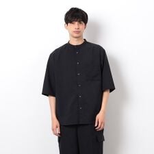 【セットアップ対応】リネンライク ポリエステル バンドカラー ５分袖シャツ