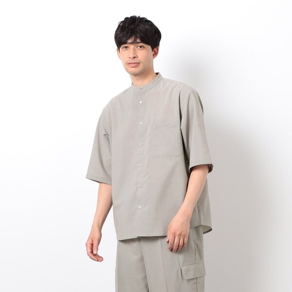 誠実 セットアップ対応】ウールライク 五分袖 バンドカラーシャツ 服&ファッション小物