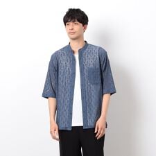 透かし柄レース 五分袖 バンドカラーシャツ