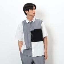 ウールライク ショートポイントカラー ブロッキング半袖シャツ