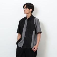 タイプライター×ストライプ コンビ半袖シャツ