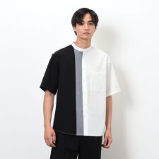 コムサイズム(COMME CA ISM)のウールライク バンドカラー ブロッキング半袖シャツ