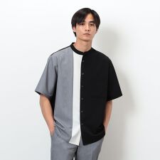 コムサイズム(COMME CA ISM)のウールライク バンドカラー ブロッキング半袖シャツ