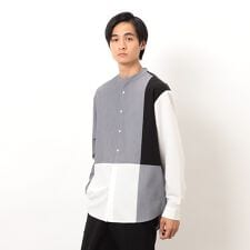 ウールライク バンドカラーブロッキング 長袖シャツ