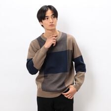 チェック柄ジャガード クルーネックニット