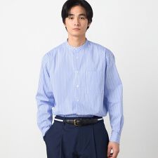 コットンナイロン ストレッチ ストライプ バンドカラーシャツ