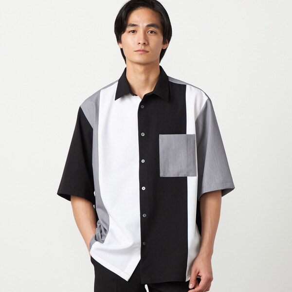 ウールライク ショートポイントカラー ブロッキング 5分袖シャツ