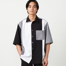 ウールライク ショートポイントカラー ブロッキング 5分袖シャツ